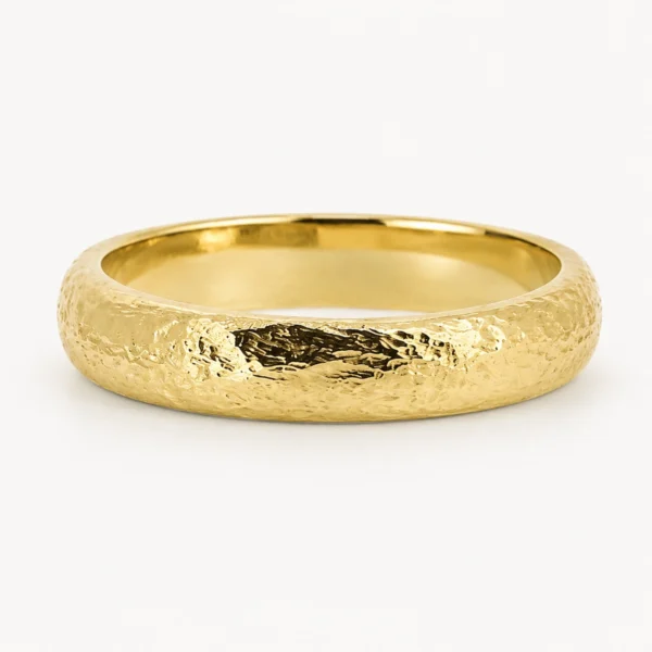 Alianza media caña de 3 mm en oro de 18 quilates con textura rugosa brillante