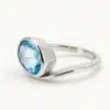 Vista lateral de anillo de oro blanco con topacio azul natural