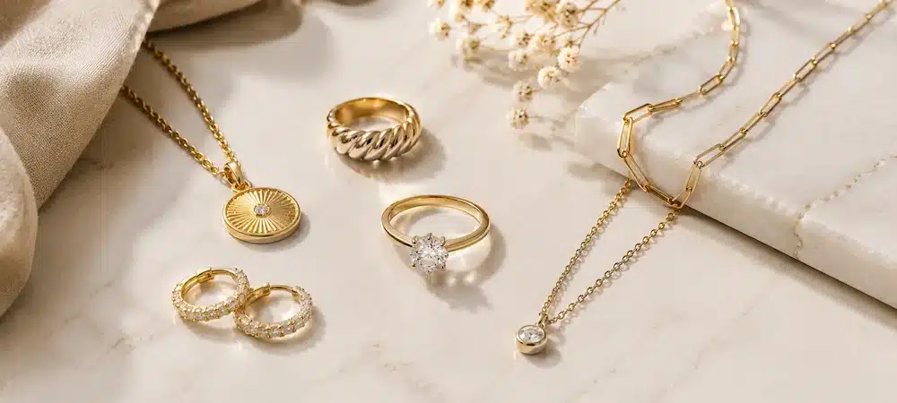 Composición de joyas de oro con anillos, pendientes y collares sobre fondo claro para tendencias en joyería.