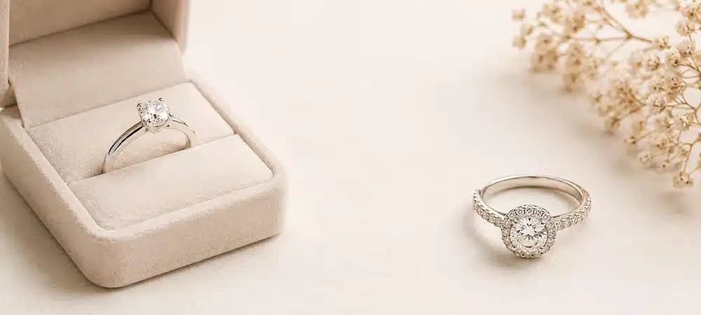 Dos anillos tipo anillo de compromiso sobre fondo claro, uno en estuche y otro con halo de diamantes.