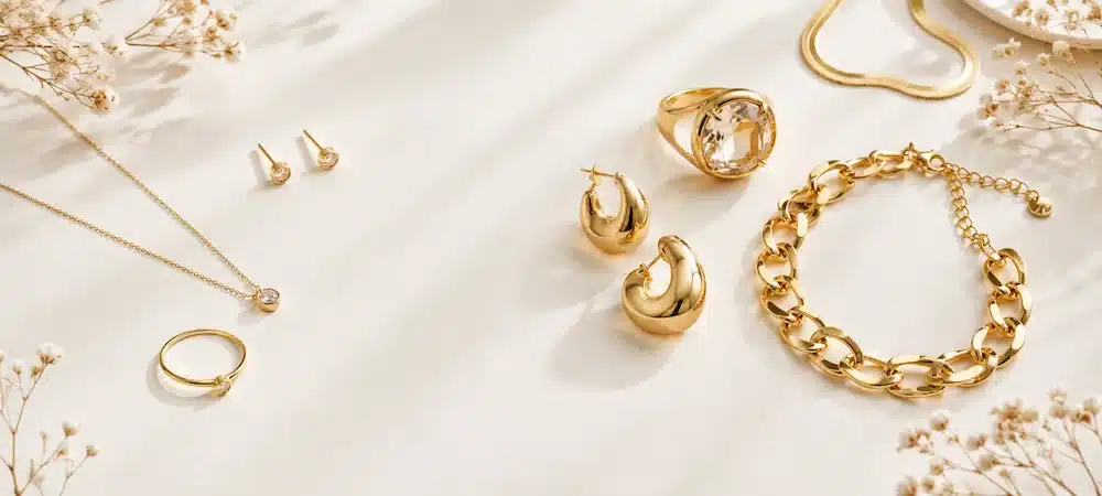 Comparativa de joyas minimalistas y joyas llamativas con anillo, collar y pendientes delicados frente a piezas de mayor tamaño en oro sobre fondo claro.