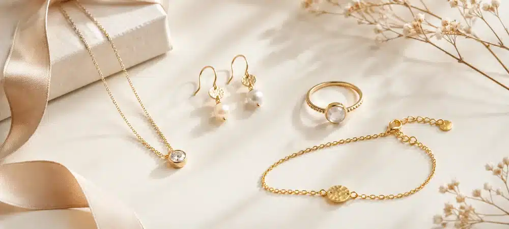 Selección de joyas para regalar con collar, pendientes, anillo y pulsera de oro sobre fondo claro.