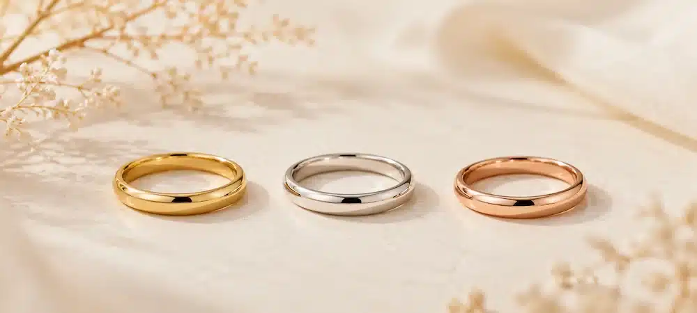 Tres anillos en oro amarillo, oro blanco y oro rosa sobre fondo claro para comparar sus diferencias.