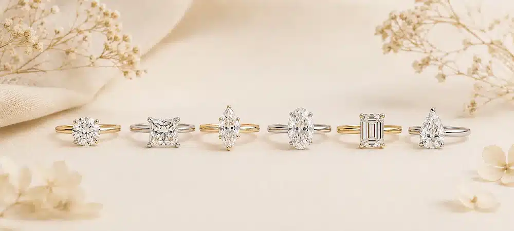 Anillos de compromiso con diamantes de diferentes tallas, como brillante, princesa, marquise, oval, esmeralda y lágrima.