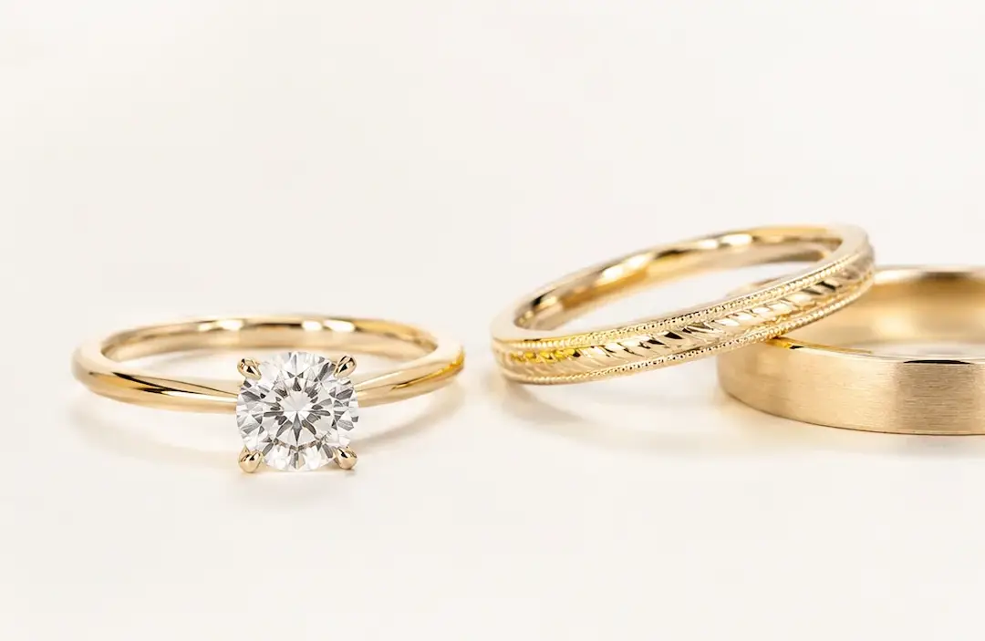 Anillo de compromiso en oro amarillo 18k y diamante junto a pareja de alianzas de oro amarillo.