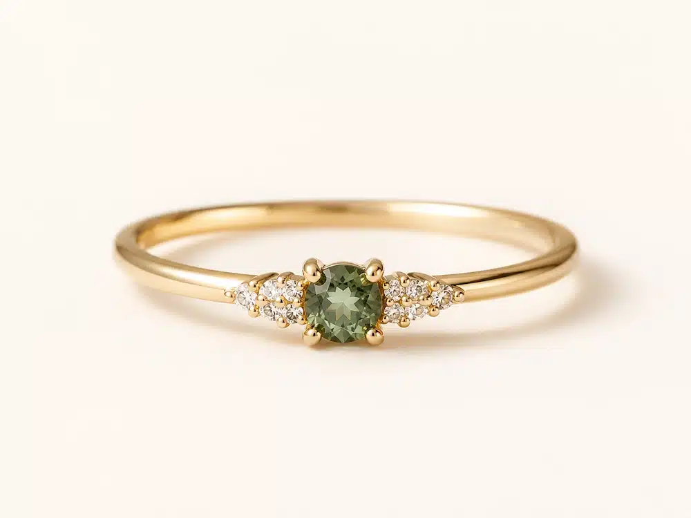 Anillo personalizado de oro con piedra verde y diamantes en ENTÍO Joyeros