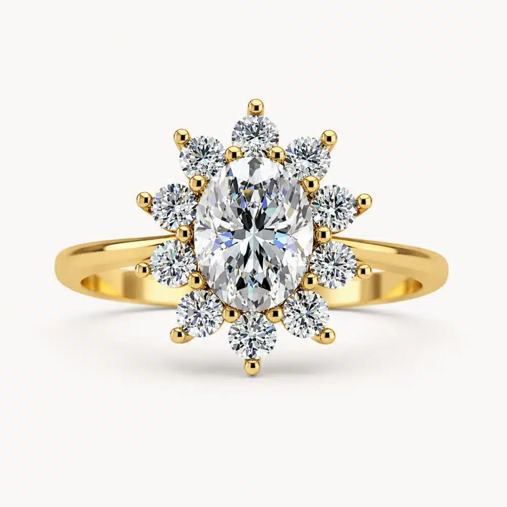 Solitario Nerea Oval 1 ct en oro amarillo de 18 quilates con diamante central talla oval y orla de diamantes