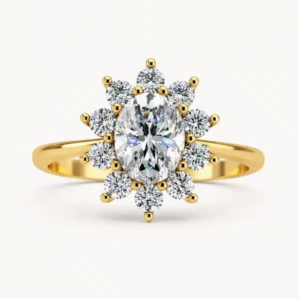 Solitario Nerea Oval 1 ct en oro amarillo de 18 quilates con diamante central talla oval y orla de diamantes